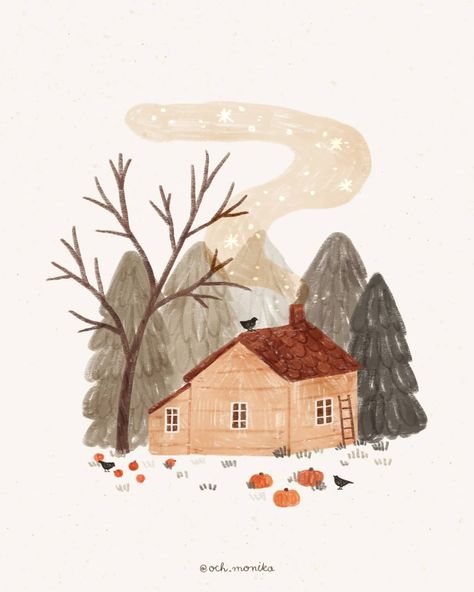 Fall Prints Artwork, Fall Aesthetic Illustration, Cute Fall Illustration, Vintage Autumn Illustration, Autumn Illustration Art, Fall Illustration Autumn, Simple Fall Paintings, Fall Illustration Art, November Illustration