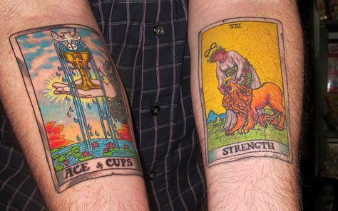 Tarot Card Tattoos | Done by Andrew Snowden at Body Manipulations. Queen Of Cups Tattoo, Strength Tarot Card Tattoo, Tarot Tattoos, Card Tattoos, Respect Tattoo, Strength Tarot Card, Meaningful Tattoos For Men, Queen Of Cups, Ace Of Cups