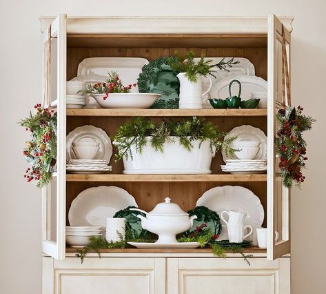 Heirloom Ceramic Party Bucket | Pottery Barn Christmas China Cabinet Decor, Christmas Hutch Decorating Ideas, Fine China Display, Christmas Hutch Decor, Dining Room Hutch Decor, China Cabinet Decor, Christmas Hutch, Christmas Kitchens, Decorated Kitchen