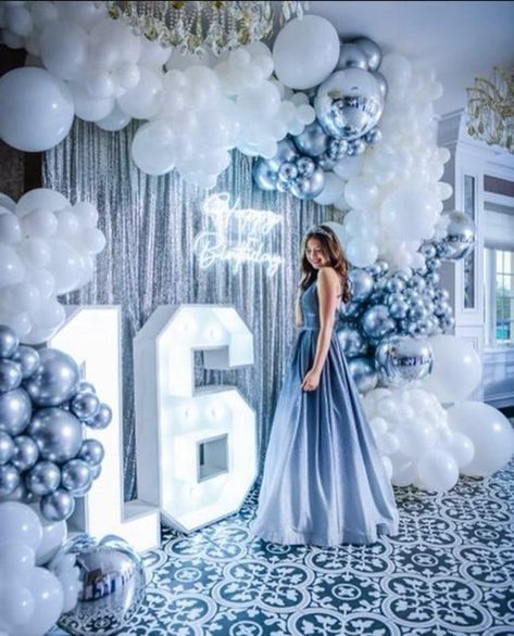 Grey Theme Birthday Party, Sweet 16 Party Ideas Winter Theme, 15 Decorations Ideas Blue, Blue Sweet 16 Decorations Theme Parties, Frozen Sweet 16 Theme, Simple Debut Decorations, Sweet 16 Photo Backdrop Ideas, Debut Blue Theme, Debut Party Theme