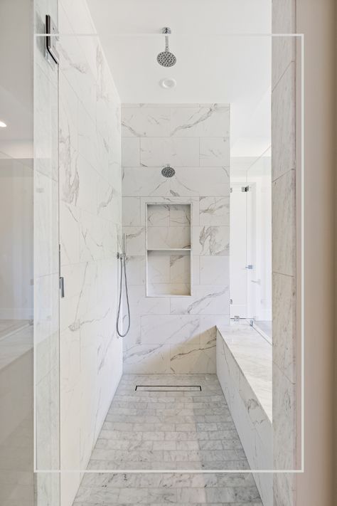 Luxury and sophistication make a perfect pair in this master bath. #customdesign #marble #open #carriechungdesign #detroitdesigner Shower Bench Ideas, Walk In Shower With Bench, Glass Shower Wall, Bathroom Seat, Showroom Inspiration, Relaxing Bathroom, Walk In Shower Designs, Marble Showers, Shower Seat