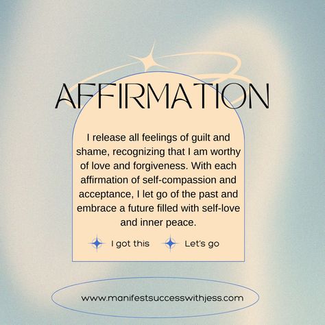 Release guilt and shame with affirmations for self-forgiveness! Like this post to affirm for yourself and let go of the past. Don't forget to check the link in bio for more self-love tips. #SelfForgiveness #ReleaseGuilt #ManifestationAffirmations #SelfCompassion #InnerPeace #LettingGo #SelfLove #Mindfulness #HealingJourney #EmotionalWellness #Empowerment #PositiveVibes #ManifestingMiracles #GoalDigger #SelfCare #PowerOfAffirmations #HealingProcess #ForgiveYourself #LoveAndForgiveness #Overc... Self Forgiving Affirmations, Quotes About Guilt And Shame, To Let Go Quotes, Forgiving Affirmations, Forgive Affirmations, Letting Go Of Shame, Shame Affirmations, Letting Go Affirmations, Self Forgiveness Affirmations