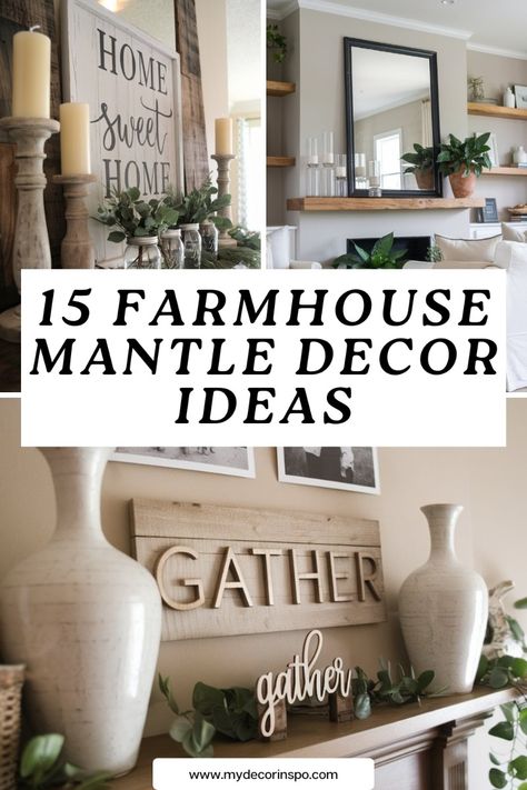 Explore 15 farmhouse-inspired mantle decor ideas that bring warmth and character to your living space. From vintage accents to natural materials, these ideas will elevate your home’s style. Farmhouse Mantle Decor With Mirror, Short Fireplace Mantle Decor, Farmhouse Decor Fireplace Mantles, Fireplace Mantle Decor Bedroom, Mantle Sign Decor, Minimalistic Mantle Decor, Dining Room Mantel Decorating Ideas, Mantle Lantern Decor, Pictures Above Mantle Ideas