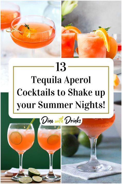 Collage of 4 tequila aperol cocktails. Tequila Aperol Spritz, Aperol Margarita Recipes, Signature Wedding Drinks Tequila, Aperol Drink Recipes, Orange Tequila Cocktails, Easy Cocktail Recipes Tequila, Tequila And Prosecco Cocktails, Aperol Recipe Cocktails, Tequila Aperol Cocktail