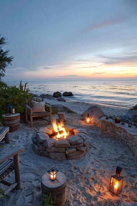 29 Coastal Outdoor Decor Ideas to Transform Your Patio into a Seaside Paradise Beach Fire Pit Sand Backyard Ideas, Sand Fire Pit Area, Chairs Around Fire Pit, Round Fire Pit Area, Outdoor Relaxing Area, Fire Pit Beach, Nautical Garden Ideas, Sand Backyard, Sand Fire Pits