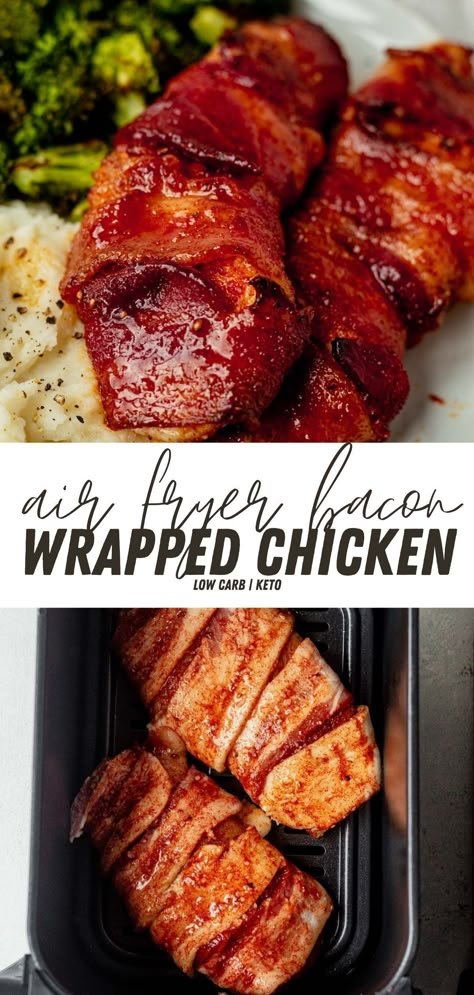 Flavorful spices and a sweet glaze coat this air fryer bacon wrapped chicken breast. The crispy bacon keeps the chicken juicy and tender. This dish is full of protein and it's also lower in carbs. This flavorful, tender chicken cooks in minutes. Air Fryer Bacon Wrapped Chicken, Bacon Wrapped Chicken Recipes, Bacon Wrapped Stuffed Chicken, Bacon Wrapped Cheese, Chicken Breast With Bacon, Bacon Wrapped Chicken Breast, Air Fryer Bacon, Bacon Wrapped Chicken Tenders, Sweet Glaze