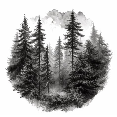 Forest Scene Tattoo Design, Bear With Trees Tattoo, Forest Background Tattoo, Forest Design Tattoo, Forest Mountain Tattoo Design, Black And White Forest Drawing, Woods Tattoo Design, Tattoo Woods Forest, Forest Tattoo Sleeve Design