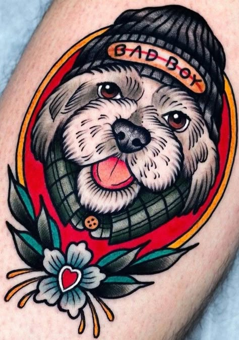 Dog Tattoo Illustration, Traditional Tattoos Dog, American Tradition Dog Tattoo, American Traditional Pet Tattoo, American Traditional Dog Portrait, American Traditional Poodle Tattoo, Dog American Traditional Tattoo, American Traditional Pet Portrait, Dog Tattoo Traditional