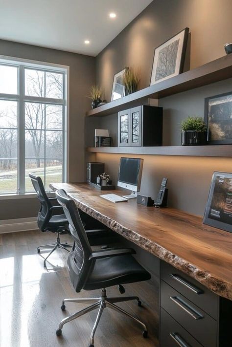 Wall-Length Counter Workspace U Shaped Office Layout, Dual Computer Desk Setup, 2 Person Desk Home Office Corner, Computer Desk For Two, Office Floating Shelves Behind Desk, Office Room 2 Desks, Duel Office Ideas, Home Office With Double Desk, At Home Business Office