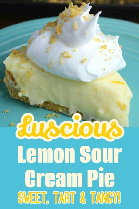 Perfect storm of sweet, tart and tangy lemon flavor in this rich and creamy, Luscious Lemon Sour Cream Pie! Sour Cream Lemon Pie, Sour Cream Pie, Lemon Sour Cream Pie, Key Lime Desserts, Sour Cream Banana Bread, Lemon Pie Recipe, Joy Cookies, Lemon Cream Pies, Lemon Dessert