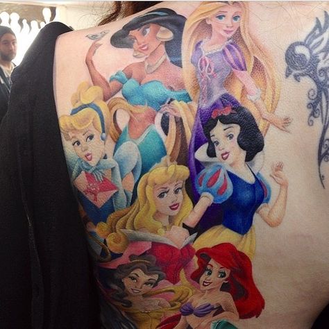 Disney princess tattoo Phenomenal work @bethanyriverstattoos!!! #disney_ink #disneyland #disneyworld #disneytattoo #disneytattoos #waltdisney #waltdisneytattoo #disneyprincesses #princesstattoo Disney Princesses Tattoo Ideas, Princess With Tattoos Disney, Disney Princess Tattoo Ideas Sleeve, Disney Princess Leg Sleeve Tattoo, Realism Disney Tattoo, Hd Tattoos, Disney Sleeve Tattoos, Disney Sleeve, Princess Tattoo