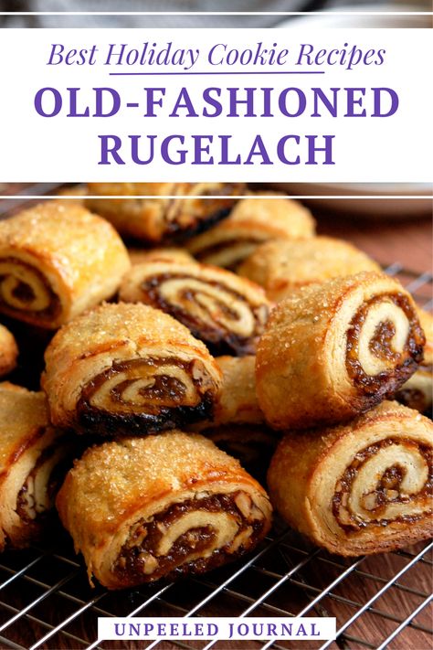 Rugalah Recipe, Rugelach Recipe Traditional, Rugula Cookies Recipe, Jewish Cookies Recipes, Rugula Cookies, Italian Nut Roll Cookies, Rugalech Recipes, Nut Roll Cookies, Nut Horns