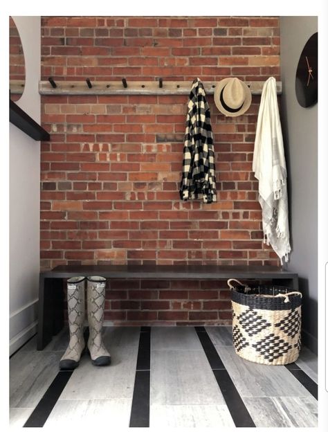 Brick Entryway, Mudroom Powder Room, Sarah Richardson Design, Mud Room Entry, Tongue And Groove Panelling, Saltillo Tile, Mudroom Entryway, Industrial Entryway, Mudroom Laundry Room