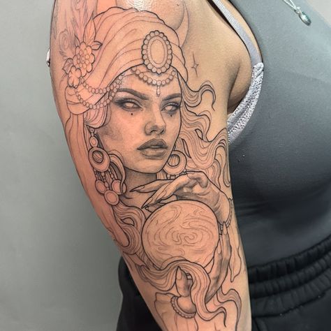 Progress shot of Jess’ fortune teller we started today ✨ I adore her already, thank you Jess, see you again next month! . #tattoo #tattoos #tattooartist #goddesstattoo #fortuneteller #fortunetellertattoo Sorceress Tattoo, Temperance Tarot Tattoo, Romani Tattoos, Romani Art, Fortune Teller Tattoo, Women Reference, Temperance Tarot, Magnolia Tattoo, Tarot Tattoo