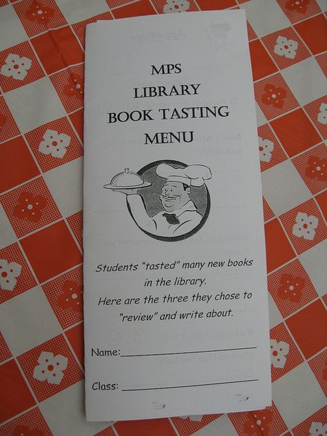 Menu for Book Tasting | Flickr - Photo Sharing! Book Tasting, Library Lesson Plans, Teen Library, Middle School Libraries, Library Themes, Elementary School Library, High School Library, Library Events, Library Inspiration