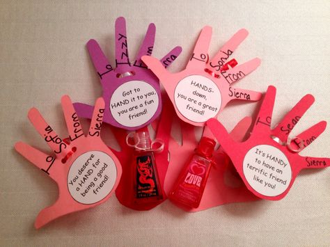 These are our Valentines. We are not allowed to have any food or candy. So we had to get creative. I found these hand sanitizers at Bath & Body Works- Dragon Blood for the boys & LOVE w/glitter for the girls. Then we traced our hand & added fun sayings like Hands-down you're a great friend. Kids had fun making them & their friends loved them. Sanitizer Gift Ideas, Hand Sanitizer Gift Ideas, School Party Snacks, Valentine's Activities, Hand Sanitizer Gift, Valentine Stuff, Valentines Kids, Valentine's Ideas, Fun Sayings