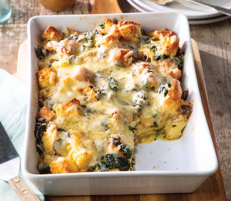 Spinach, Mushroom, and Gruyère Strata Spinach Strata, Cheese Strata, Mushroom Breakfast, Strata Recipes, Spinach Mushroom, Vegetarian Dish, Egg Dishes, Spinach Stuffed Mushrooms, Egg Dish