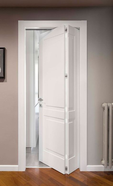 Doors In Small Spaces, Door Design For Small Space, Doors That Save Space, Folding Door For Bedroom, Small Door Opening Ideas, Bathroom Door Small Space, Folding Door Hinges, Door Within A Door, Folding Doors Interior Small Spaces