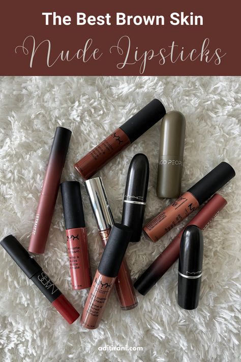 On a quest to find the perfect nude lipstick for brown, Indian, or dark skin? This post has so many gold nuggets of information about the best shades for brown skin tones! Dark Lipstick For Brown Skin, Brown Lipstick Indian Skin, Nude Lipstick Shades For Indian Skin, Brown Skin Lipstick Shades, Lipstick For Dark Skin Indian, Lipstick For Brown Skin Indian, Best Lipstick Shades For Indian Skin, Nude Lipstick Shades For Brown Skin, Nude Lipstick For Brown Skin