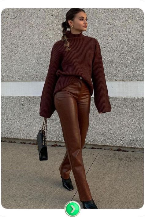 Deep brown sweater with leather-like brown pants brings an edgy sophistication to work attire, combining comfort with a bold, stylish statement perfect for any office setting. Brown Pants Outfit For Work, Brown Pants Outfit Ideas, Brown Leather Pants Outfit, Outfit Ideas For Work, Brown Pants Outfit, Pants Outfit Ideas, Brown Leather Pants, Pants Outfit Fall, Leather Pants Outfit