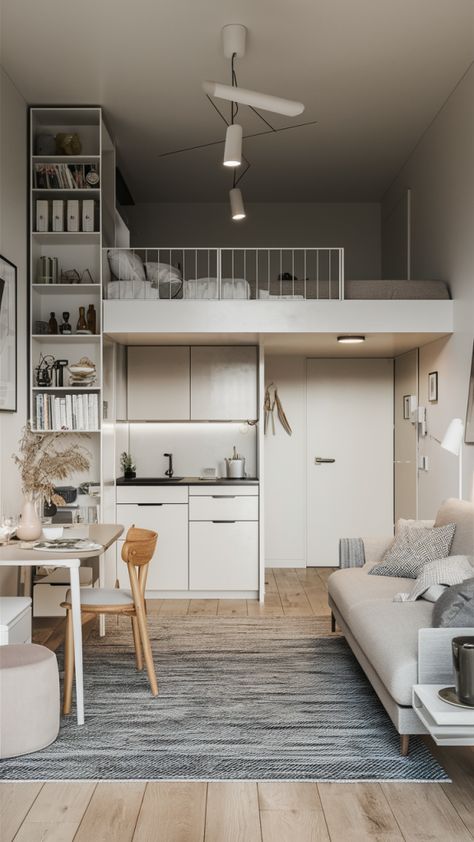 Top 22 Studio Apartment Layout Ideas | Small Space Design, Floor Plans & Room Dividers Apartment Layout Ideas, Loft Studio Apartment, Minimalist Setup, Nyc Loft, A Studio Apartment, Design Floor Plans, Open Concept Layout, Cozy Minimalist, Loft Studio