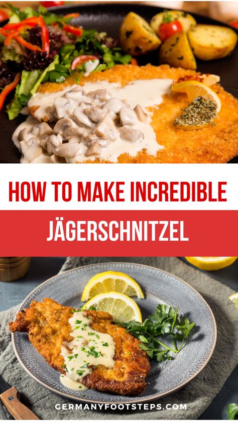 Learn all about the best and typical German Jägerschnitzel so you'll know exactly what to order when you are traveling in Germany. Learn the history of Jägerschnitzel and an authentic German Jägerschnitzel recipe from scratch Jager Schnitzel Recipe, Jager Schnitzel, Jagerschnitzel Recipe, Jaegerschnitzel Recipe, German Goulash, Schnitzel Recipe, Schnitzel Recipes, Veal Cutlet, German Foods