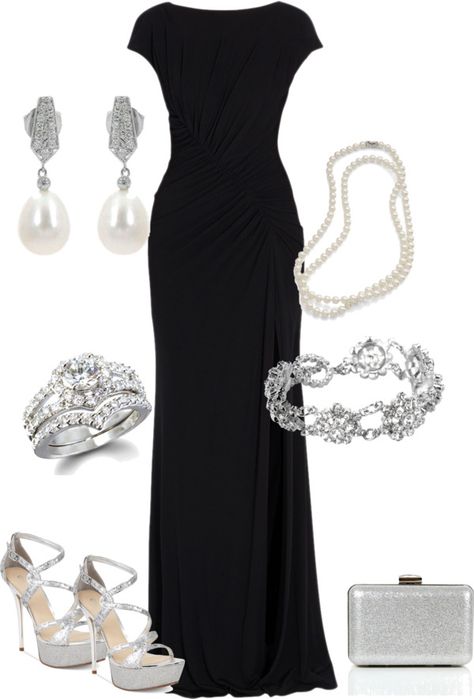 Silver Black Tie Dress, Black Dress Silver Accessories Formal, Black And Silver Dress Outfit, Black Dress Silver Accessories, Accessorize Black Dress, Silver Dress Outfit, Formal Attire Women, Stars Outfit, Theatre Outfit