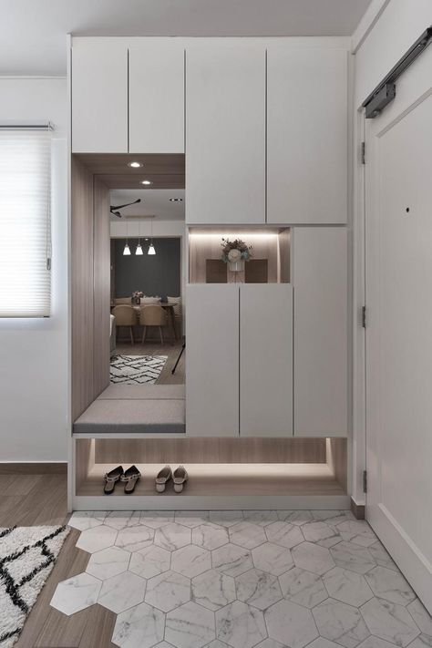 How European Influences Shaped This 4-Room HDB Home’s Design | Qanvast Shoe Cabinet Design, Shoe Cabinet Entryway, Entrance Furniture, Interior Design Per La Casa, Wardrobe Interior Design, Hallway Designs, Foyer Design, Home Entrance Decor, Minimalist Interior Design