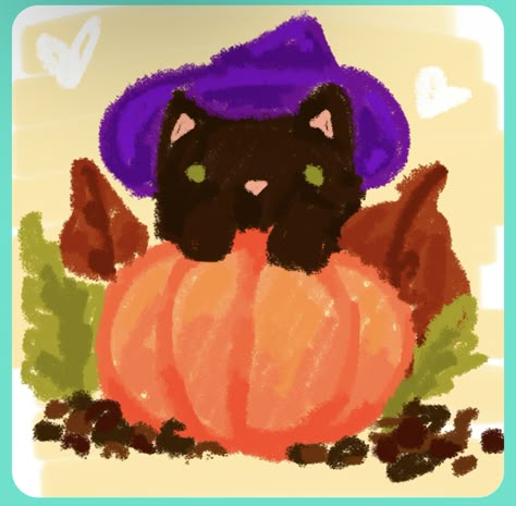 Oil Pastel Art Halloween, Fall Cat Drawing, Halloween Oil Pastel Art, Black Cat Doodles, Halloween Doodles Aesthetic, Pumpkin Cat Drawing, Halloween Cat Painting, Halloween Cat Drawing, Thanksgiving Doodles