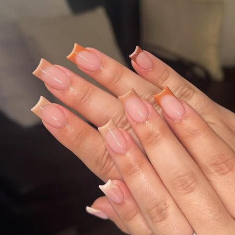 Classy Fall Nails Square, Medium Square Nails Fall, Different Shades Of Brown French Tips, Short Fall Set Nails, Short Tapered Square Nails Designs, September Nail Ideas Square, French Tip Different Colors, Cozy Nails, Medium Tapered Square Nails