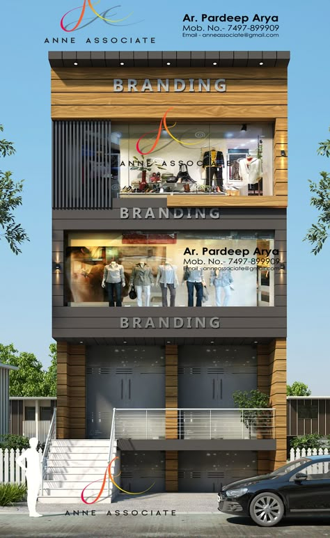 Shop Front Elevation Designs Modern, Shop Elevation Design Modern, G+2 Commercial Building Elevation, Shop Exterior Design Modern, Shop Front Design Modern, Acp Elevation Design For Shop, Small Commercial Building Elevation, Commercial Elevation Design, Acp Exterior Design