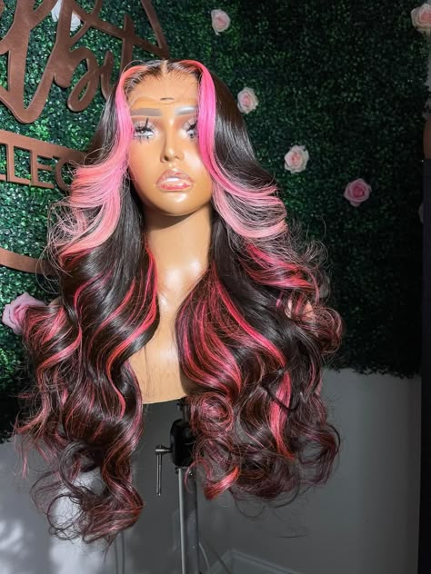 Black Hair With Fuschia Highlights, Wig With Color Highlights, Red Wig Pink Highlights, Black Lace Front With Pink Highlights, Pink Highlights In Black Hair Wig, Black And Pink Highlights Wig, Black Wig Pink Highlights, Birthday Hair Colors, Pink And Black Sew In