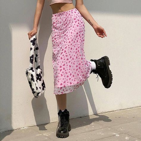 Midi Skirts Summer, Pink Midi Skirt, Floral Print Midi Skirt, Bodycon Midi Skirt, Summer Streetwear, Y2k Aesthetic Outfits, Rave Wear, Print Pink, Summer Outfits Women