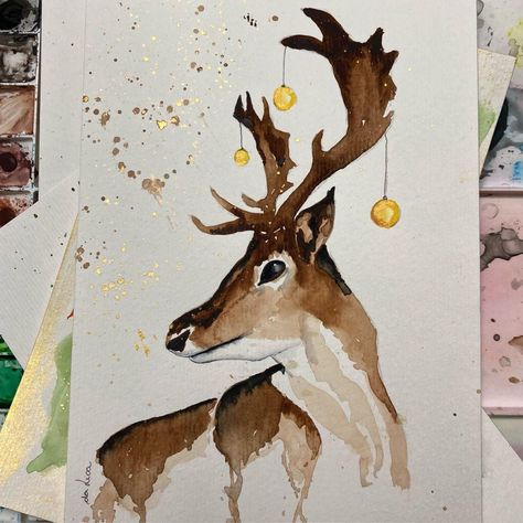 Crismas Cards Ideas, Homemade Cards Christmas, Christmas Watercolours, Christmas Cards Diy, Watercolor Christmas Cards Diy, Crafts Homemade, Painted Christmas Cards, Deer Painting, Christmas Artwork