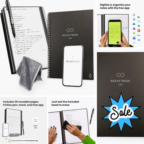 The Rocketbook Core is a reusable spiral notebook in an executive 6x8.8-inch size with a black, durable cover. Its lined pages are app-connected and erasable, making it ideal for school, work, and creative projects. #AD # Rocketbook #Ecofriendly #notebook #notes #Freeapp #waterproof #School  #college #work #reuse Notebook Notes, Frixion Pens, College Work, School College, Lined Page, Creative Projects, Spiral Notebook, School Work, Notebook