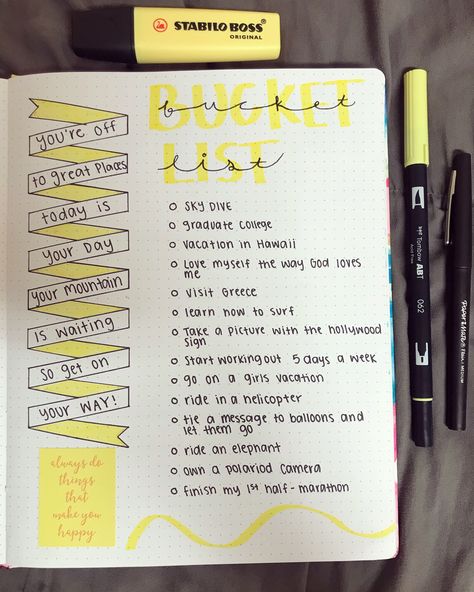 Bucket list #bulletjournal Written To Do List Aesthetic, Wishes List Ideas, Bucket List Journal Page Ideas, Bujo Bucket List, Bucket List Design Layout, Bucket List Bujo Layout, How To Make A Bucket List Journal, Bullet Journal Wish List, Bucket List Bullet Journal