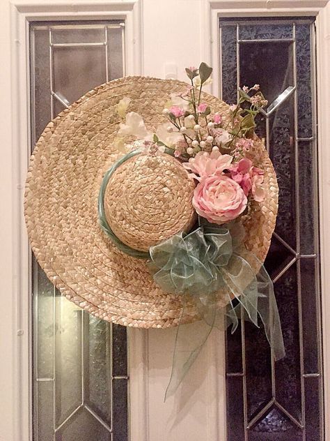 Pink And White Rose Bouquet, Straw Hat Crafts, Spring Front Door, Hat Wreath, Rose Basket, Spring Hat, Front Door Hanger, White Rose Bouquet, Fall Swags