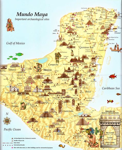 This beautiful map of Mayan cities - or Mundo Maya - shows all of the major ancient Maya cities and archaeological sites and is an excellent guide for planning your tour of the Mayan region. Tabasco Mexico, Mayan History, Ancient Mexico, Maya Ruins, Mayan Symbols, Maya Civilization, Mayan Cities, Mexico History, Mayan Art