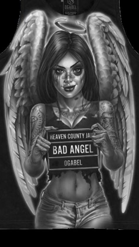 Bad Angel Tattoo, Og Abel Art, Bad Angel, Catrina Tattoo, Chicano Style Tattoo, Cholo Art, Chicano Tattoos, Lowrider Art, Chicano Art Tattoos