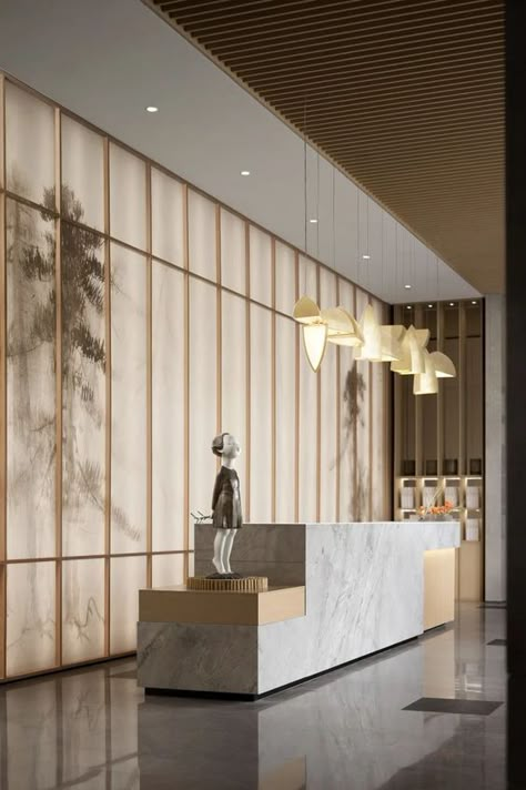 Hotel Lobby Front Desk, Apartment Reception Lobby, Modern Reception Counter Design, Luxury Office Reception Design, Office Front Desk Design, Desk Table Design, Lobby Design Residential, Reception Desk Design Ideas, Hotel Reception Design