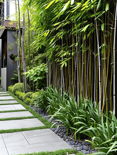 Bamboo Garden Ideas: Neat Garden Path Bordered by Manicured Shrubs Bamboo Front Yard, Bamboo Trees Landscaping, Bamboo Courtyard Garden, Tall Plants Outdoor Privacy Fences, Outdoor Fencing Ideas, Garden Bamboo Ideas, Bamboo Landscape Ideas, Bamboo In Garden, Tall Garden Fence