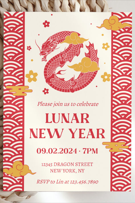 Celebrate the Lunar New Year in style with our 2024 Dragon New Year Invitation Template! This printable Chinese New Year invitation captures the spirit of the festivities, featuring vibrant designs and auspicious elements. Perfect for bringing friends and family together for a joyous Chinese Celebration. Download now and make your New Year party unforgettable! Cny Poster, Year Of The Dragon 2024, Lunar New Year Design, Chinese New Year Invitation, New Year Invitation Template, Lunar New Year Invitation, Chinese New Year Cards 2024, Lunar New Year Envelope, Lunar New Year Dragon