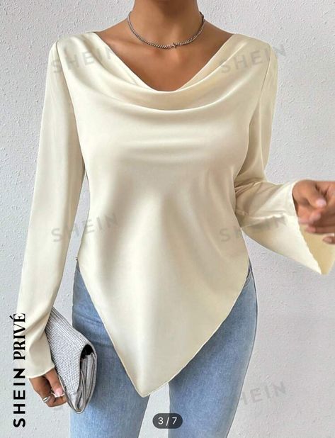 Classy Blouses, Hem Blouse, Women Long Sleeve Tops, Asymmetrical Tops, Flared Sleeves, Elegant Woman, Teal Blue, Online Clothing, Cowl Neck