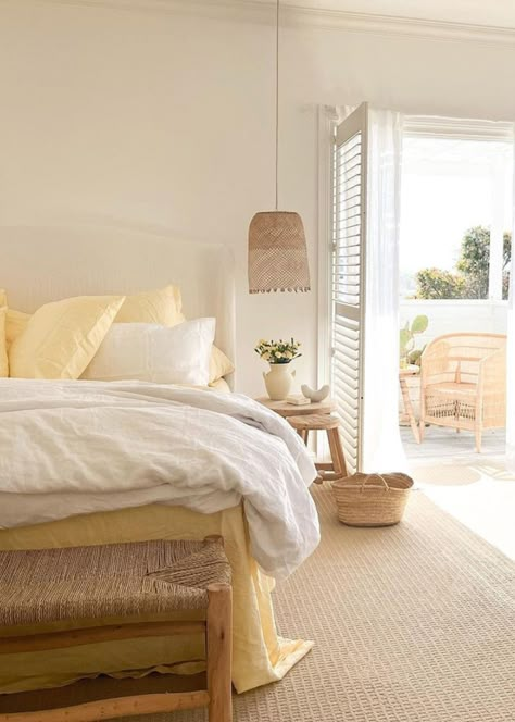 Take design cues from these nine chic bedrooms that are laden with our beautiful lemon tone that will whisk you away to the Mediterranean. Yellow Coastal Bedroom, Pale Yellow Bedrooms, Sunny Bedroom, Yellow Room Decor, Costal Bedroom, Fall Bedroom Ideas, Bed Threads, Yellow Bedroom Decor, Chic Bedrooms