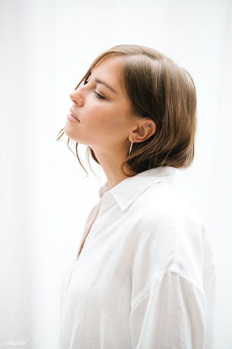 Side view of a brown hair woman in a white shirt | premium image by rawpixel.com / Jira Brown Hair Woman, Woman Looking Down, Unhealthy Habits, Profile Photography, Face Angles, Side Portrait, Face Profile, Female Profile, Profile View