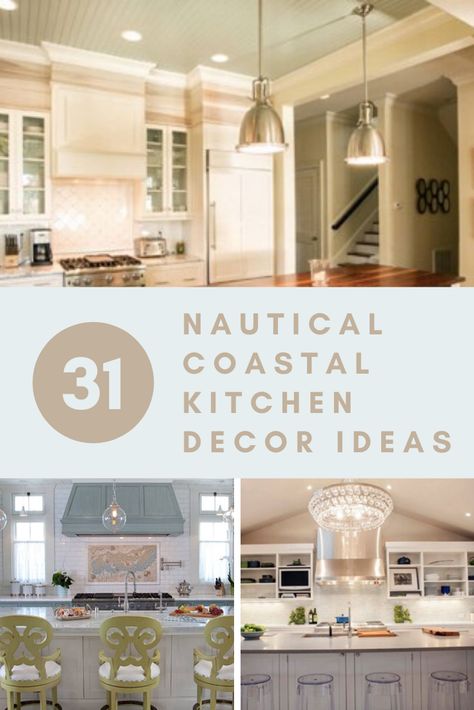 31 Nautical Coastal Kitchen Decor Ideas | Sebring Design Build Beach Themed Kitchen Decor, Workout Room Flooring, Above Cabinet Decor, Nautical Kitchen Decor, Beachy Kitchens, Coastal Kitchen Ideas, Beach Theme Kitchen, Coastal Farmhouse Kitchen, Nautical Kitchen