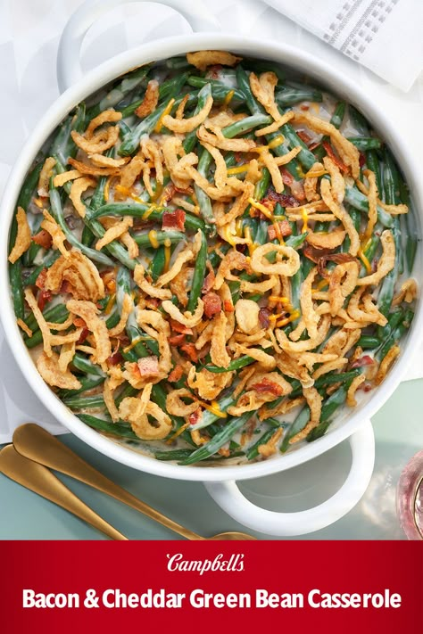 If you don’t have Green Bean Casserole at your holiday table is it really the holidays? Campbell's Green Bean Casserole has a creamy, smooth sauce & unmatchable flavor combined with its simplicity that makes it so appealing. And with bacon & cheese you can make your favorite green bean casserole even better. Only 10 minutes to put together, this Bacon & Cheddar Green Bean Casserole is a family pleasing holiday side that is perfect for any family get-together or added to your holiday dinner menu. Magnolia Table Recipes, Joanna Gaines Recipes, Bread Pans, Homemade Green Bean Casserole, Campbells Recipes, Cooking Meals, Greenbean Casserole Recipe, Holiday Dishes, Magnolia Table