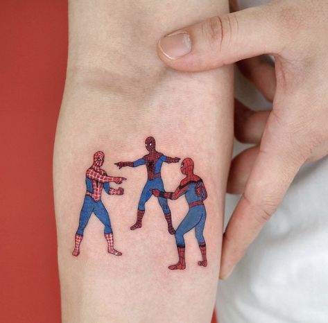 Incredibles Tattoo, Matching Spider Man Tattoo, 3 Spiderman Tattoo, Spider Man Tattoo Ideas Minimalist, Tiny Spiderman Tattoo, Spiderman Matching Tattoo, Spiderman Tattoo Simple, Matching Marvel Tattoos, Spider Verse Tattoo