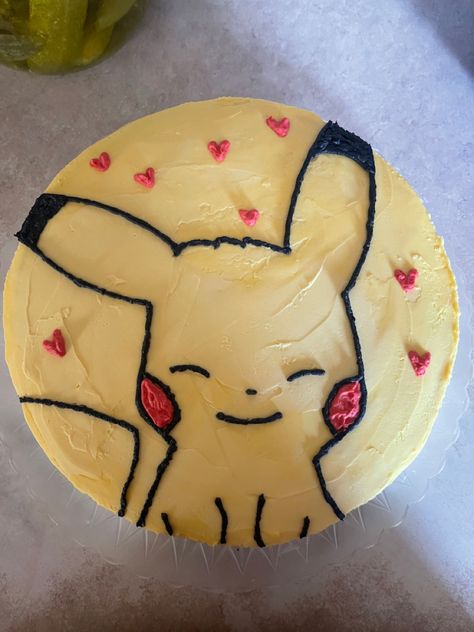 First time making a Pikachu cake 💕 Pikachu Bday Cake, Pikachu Cookie Cake, Small Pokemon Cake, Pokemon Cake Recipes, Homemade Pokemon Cake, Pokemon Diy Cake, Diy Pokemon Cake Easy, Pokemon Ice Cream Cake, Pikachu Party Food