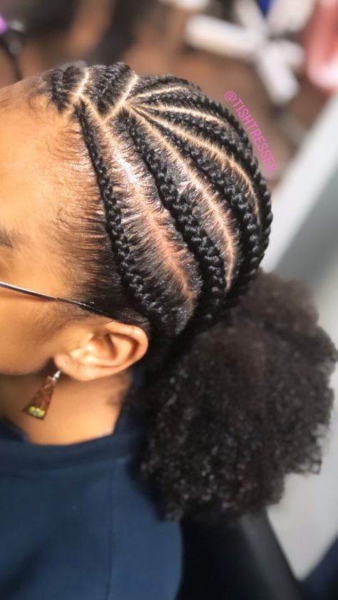 Different Cornrow Styles Black Women, Cornrows With Natural Hair Only Short, Woman Cornrows Natural Hair, Cornrows Into Low Ponytail, Cornrow No Hair Added, Natural Corn Row Hairstyles, Cute Braids With Natural Hair, Natural 4c Cornrow Hairstyles, Low Cornrow Bun